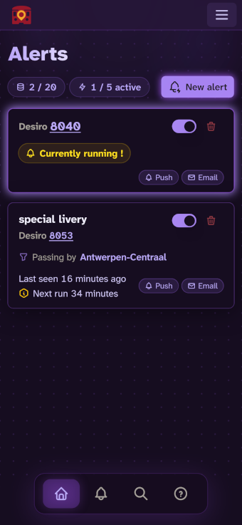 Traintrack mobile app showing live train service statuses